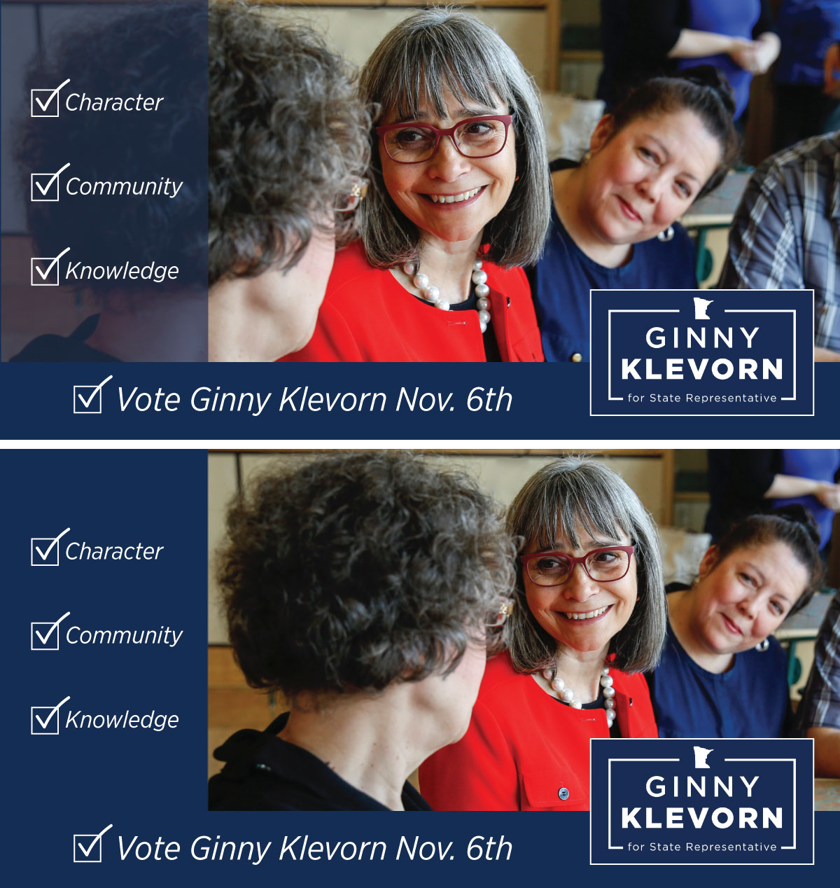 Client: Ginny Klevorn MN State Representative candidate/Storefront Political Media. Description: Facebook web banner design for state representative candidate for Minnesota.