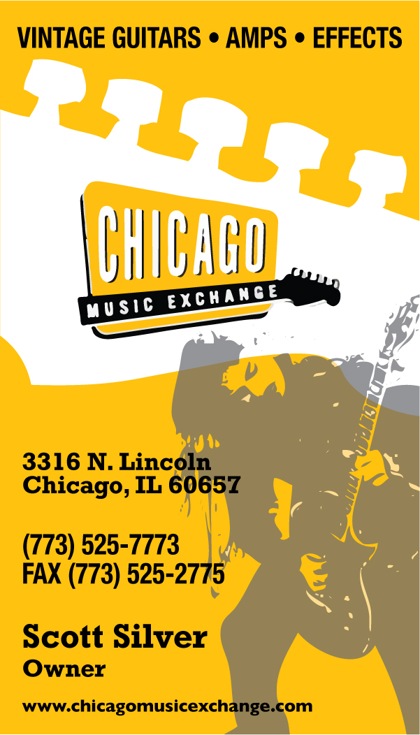Client: Chicago Music Exchange, Chicago, IL. Description: Concepted and prototyped new business cards for a Chicago music store..