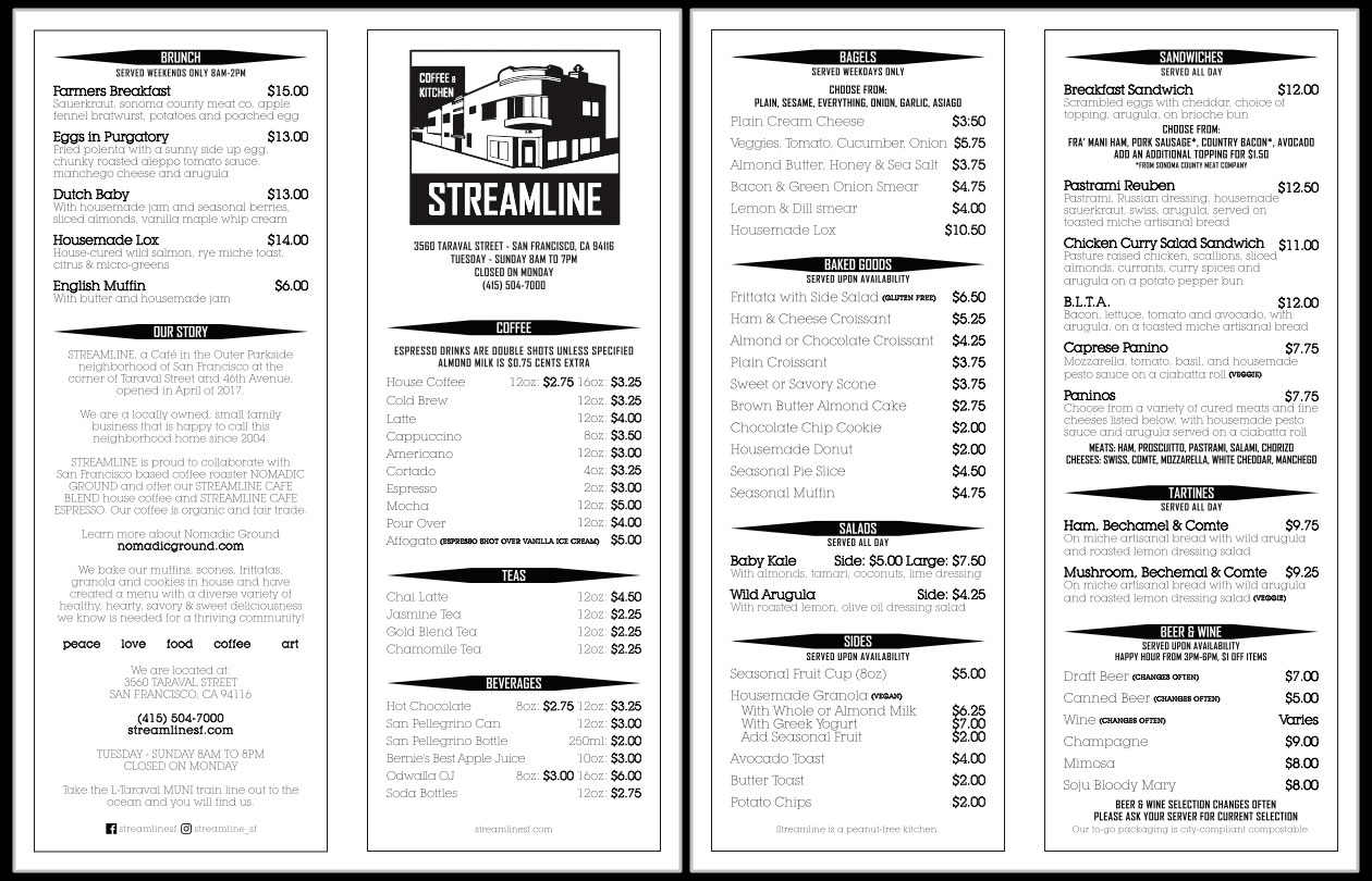 Client: Streamline Cafe, San Francisco. Description: Redesigned a local San Francisco cafe's existing menu to make more legible and easier for customers to understand and order from..