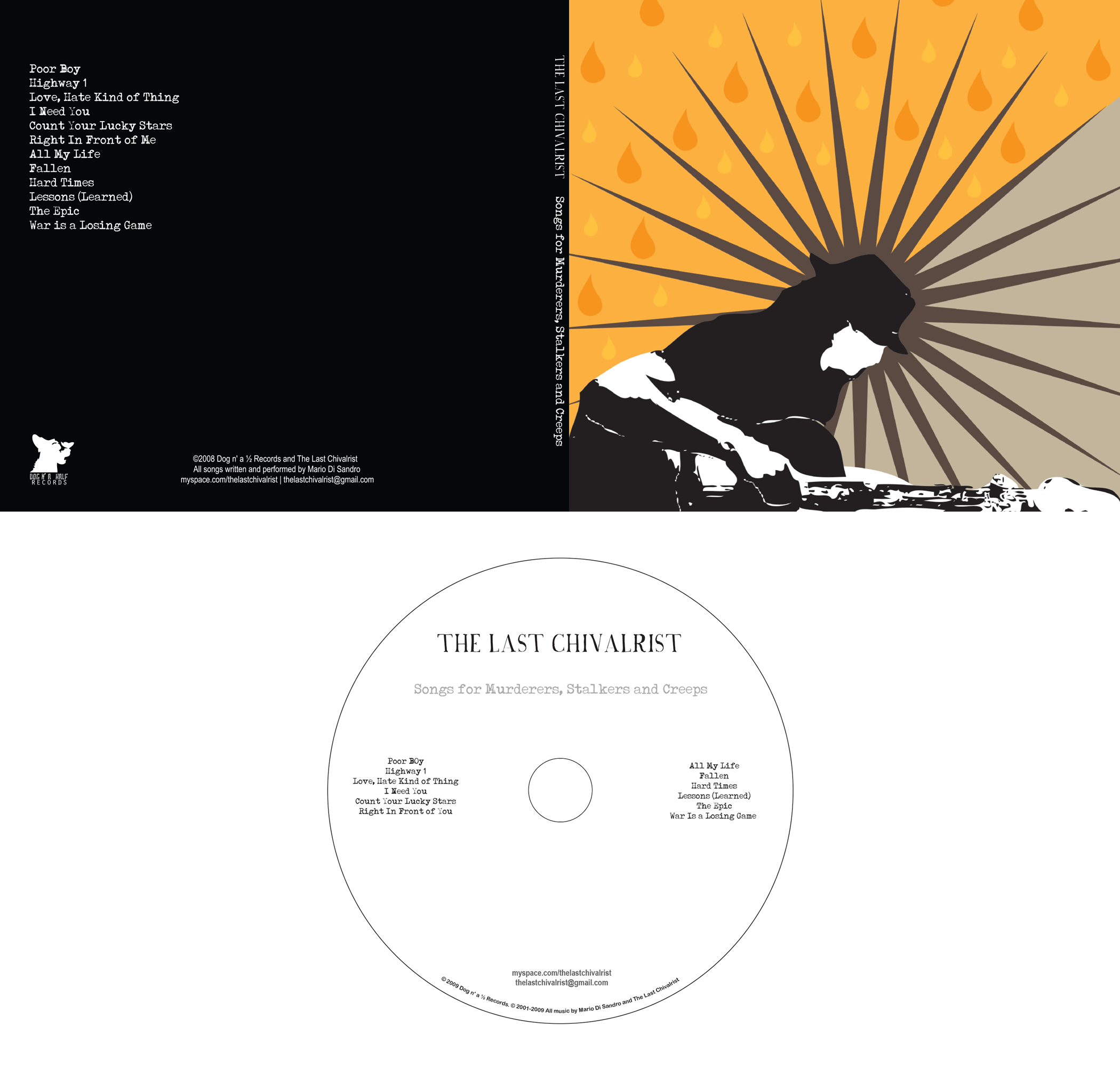 Client: The Last Chivalrist, Chicago singer-songwriter, touring musician. Description: Album layout design for The Last Chivalrist's album 'Songs for Murderers, Stalkers and Creeps'.