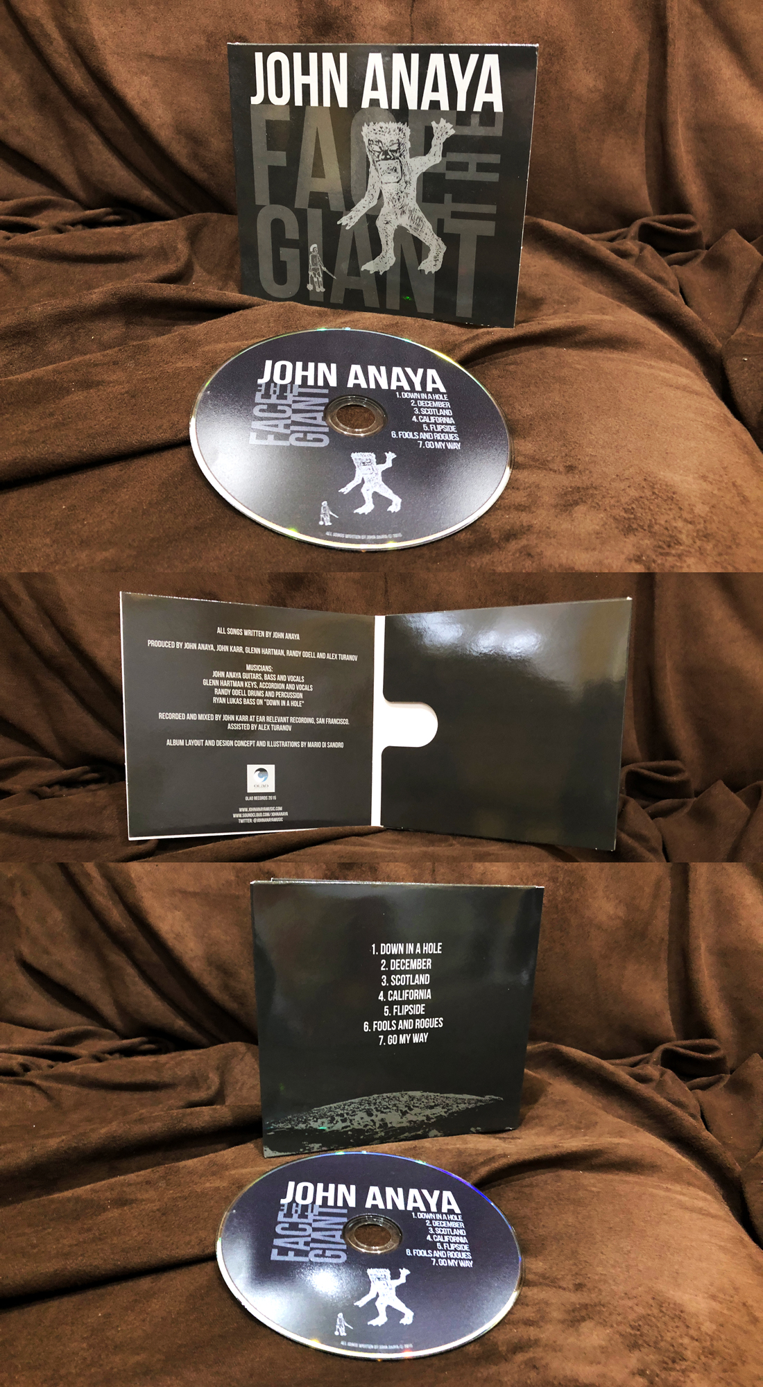 Client: John Anaya, singer-songwriter and musician based in Edinburgh, Scotland. Description: Designed the packaging for John Anaya's album Face The Giant, single-wallet insert including printed on CD.
