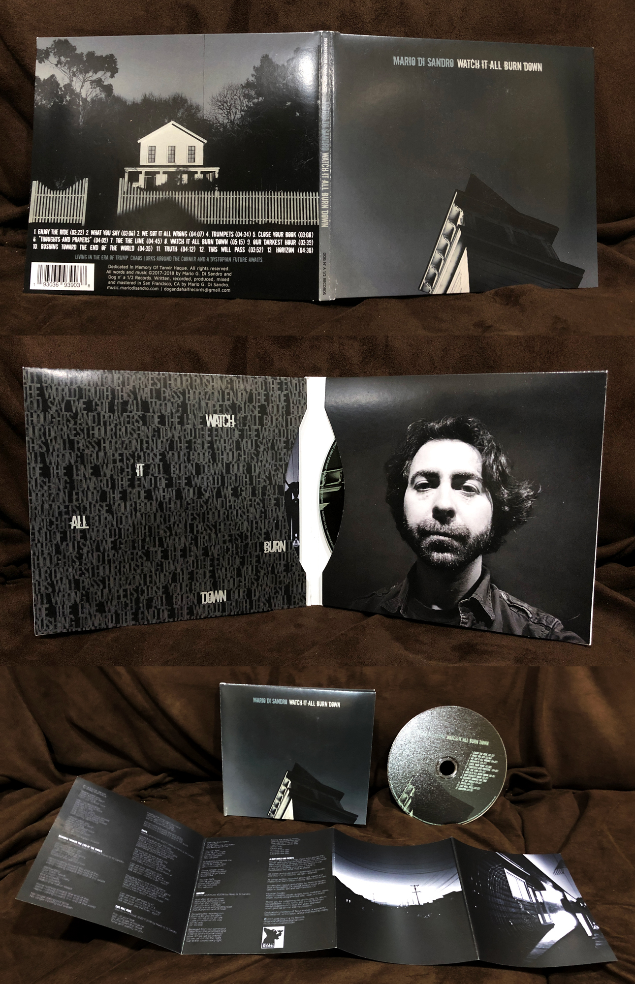 Client: Mario Di Sandro, singer-songwriter and touring musician. Description: Designed the packaging for my album Watch It All Burn Down, including the 8 page accordion booklet, printed on CD, double-wallet insert. Had it professionally printed, and pressed 100 copies.
