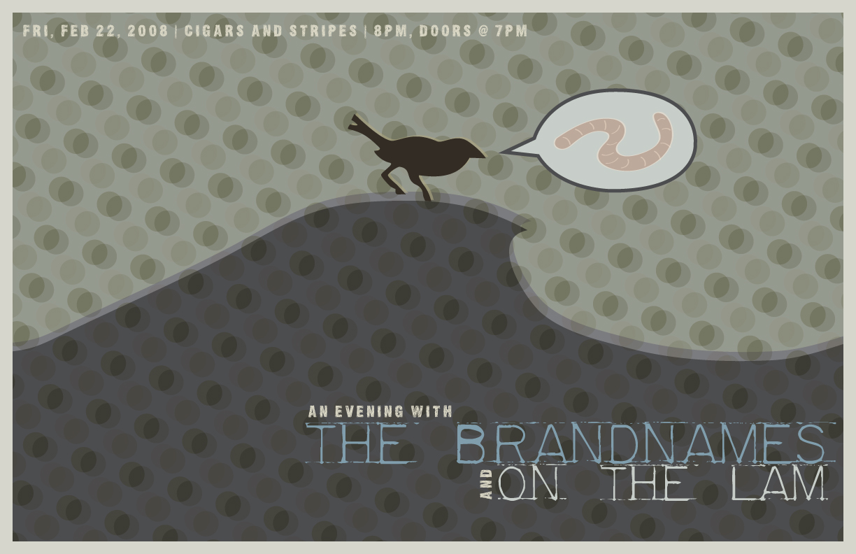 Client: The Brandnames and On the Lam, Chicago bands. Description: Poster designed for show at Cigars and Stripes in Berwyn, IL with Chicago bands The Brandnames and On the Lam.