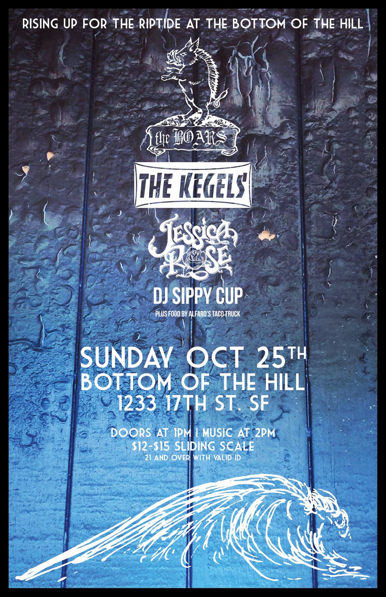 Client: Bottom of the Hill, The Riptide, San Francisco, CA. Description: Poster designed for a benefit show at Bottom of the Hill raising money for the bar, The Riptide, after suffering a terrible fire which resulted in closing down for a year. Proceeds went to helping out the staff who had lost their jobs.