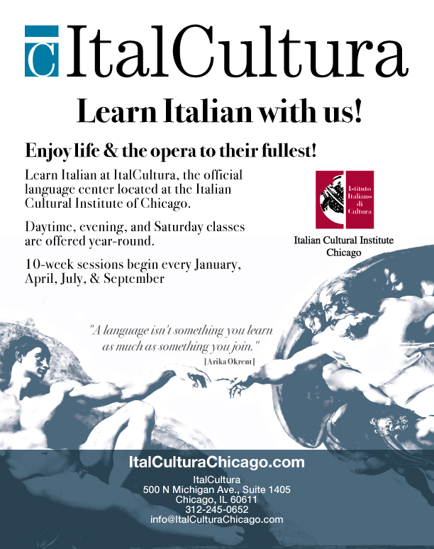 Client: Italian Cultural Institute Chicago, Lyric Opera. Description: One page magazine ad for the Italian Cultural Institute in the Chicago Lyric Opera's October 2013 issue.